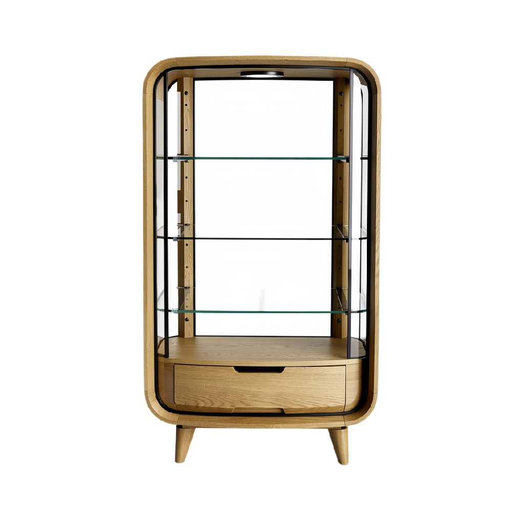 **Modern Wooden Display Cabinet with Glass Shelves and Drawer**